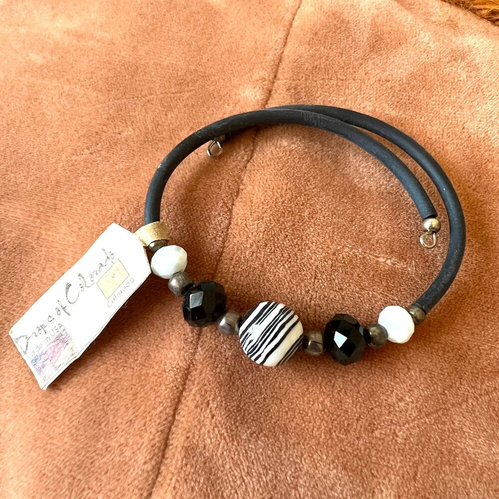 Drops of Colorado Wrap Bracelet Hand Blown Glass Beads Black & White Stripes NEW